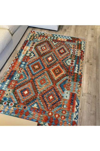 Cotton Serisi Açık Mavi Tonunda Baklavalı Geometrik Desen Dekoratif Dokuma Taban Kilim - HALI VAGONU