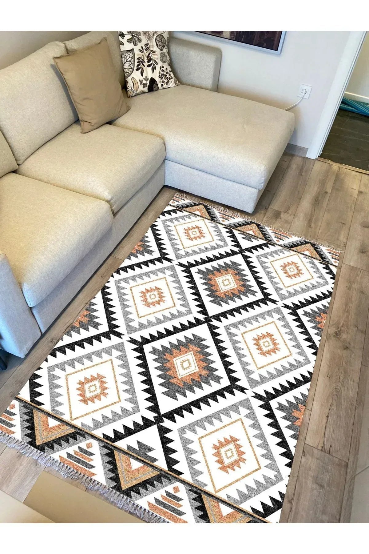 Cotton Serisi Baklava Desenli Eskitme Desenli Dekoratif Dokuma Taban Kilim - HALI VAGONU