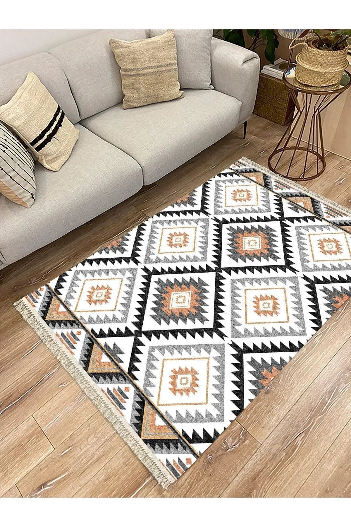 Cotton Serisi Baklava Desenli Eskitme Desenli Dekoratif Dokuma Taban Kilim - HALI VAGONU