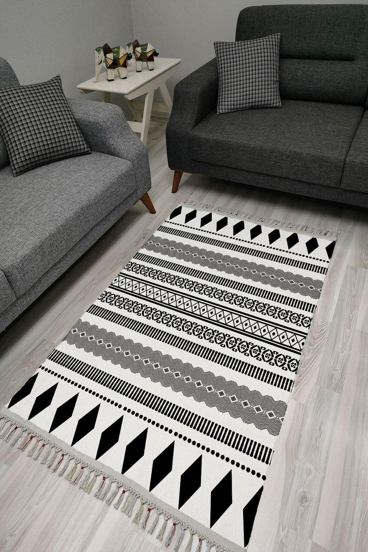 Cotton Serisi Beyaz Siyah Iskandinav Eskitme Desenli Dekoratif Dokuma Taban Kilim - HALI VAGONU