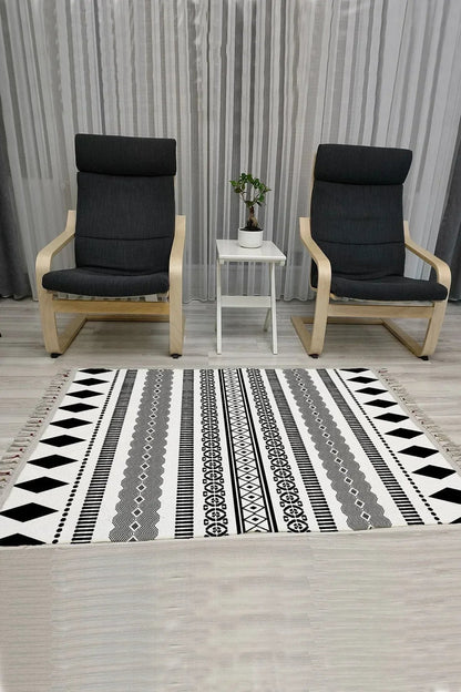 Cotton Serisi Beyaz Siyah Iskandinav Eskitme Desenli Dekoratif Dokuma Taban Kilim - HALI VAGONU