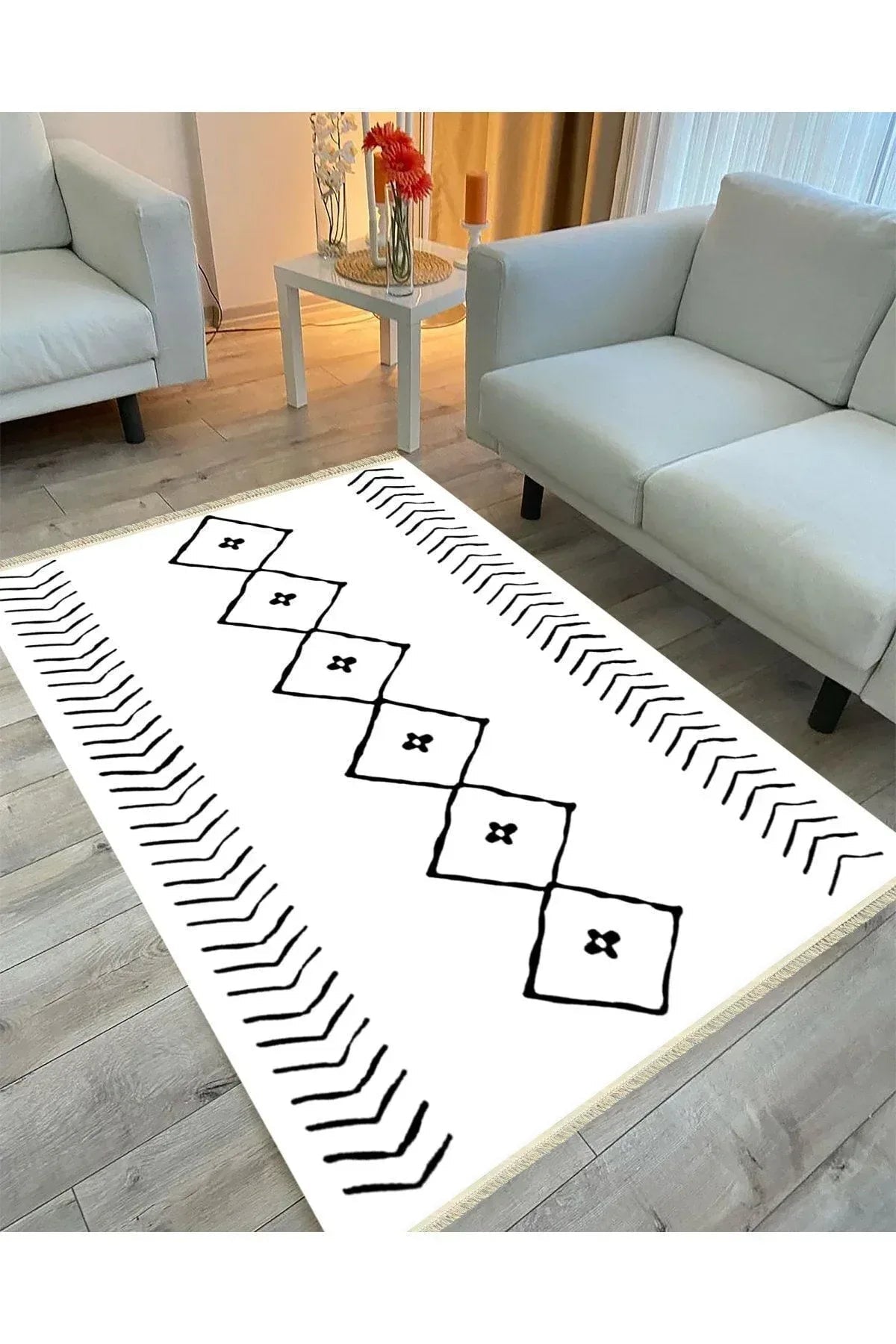 Cotton Serisi Beyaz Siyah Naturel Orta Çağ Desen Dekoratif Dokuma Taban Kilim - HALI VAGONU