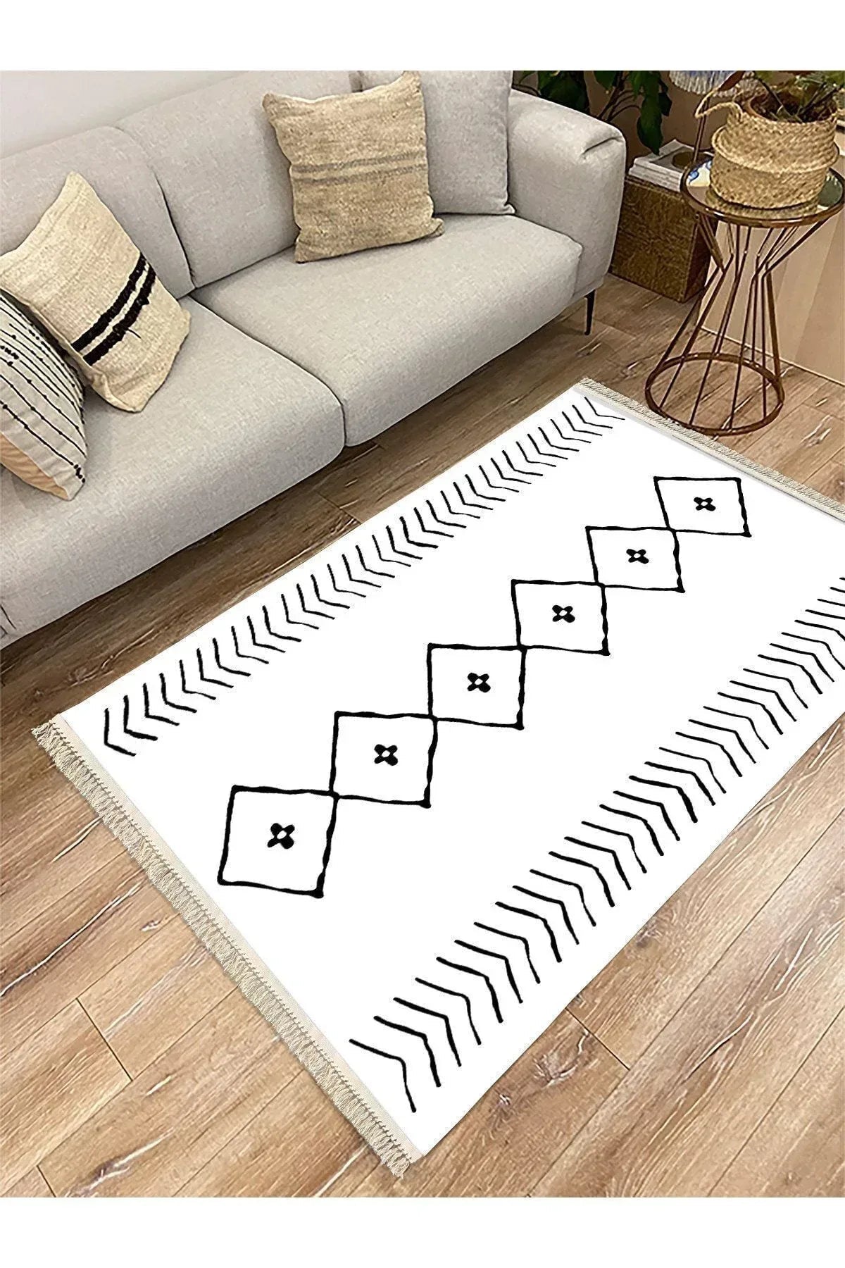 Cotton Serisi Beyaz Siyah Naturel Orta Çağ Desen Dekoratif Dokuma Taban Kilim - HALI VAGONU