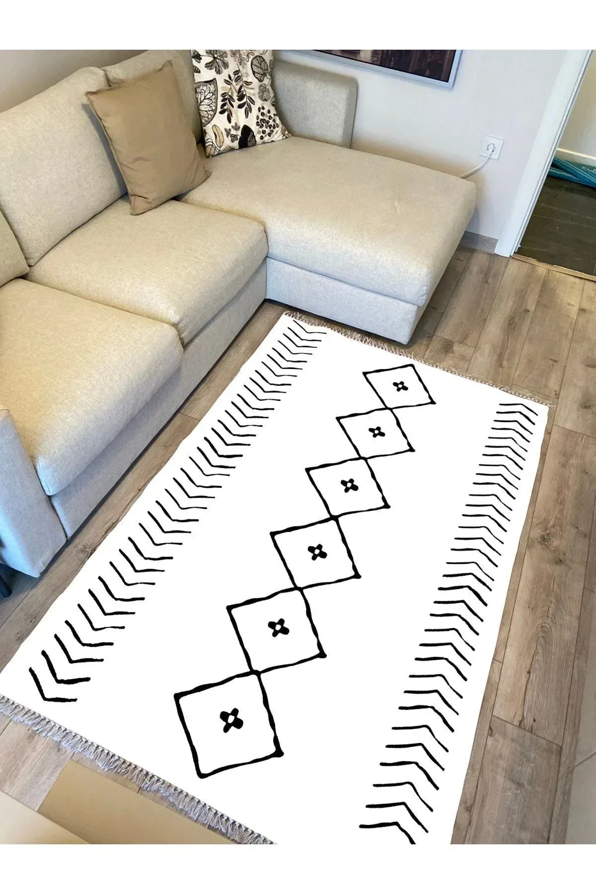 Cotton Serisi Beyaz Siyah Naturel Orta Çağ Desen Dekoratif Dokuma Taban Kilim - HALI VAGONU