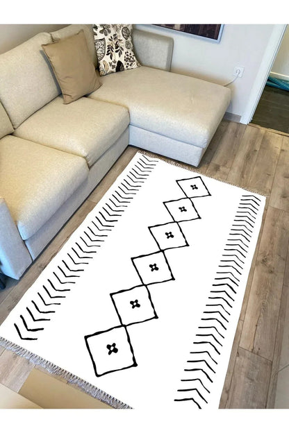 Cotton Serisi Beyaz Siyah Naturel Orta Çağ Desen Dekoratif Dokuma Taban Kilim - HALI VAGONU