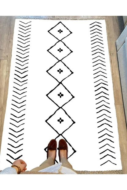 Cotton Serisi Beyaz Siyah Naturel Orta Çağ Desen Dekoratif Dokuma Taban Kilim - HALI VAGONU