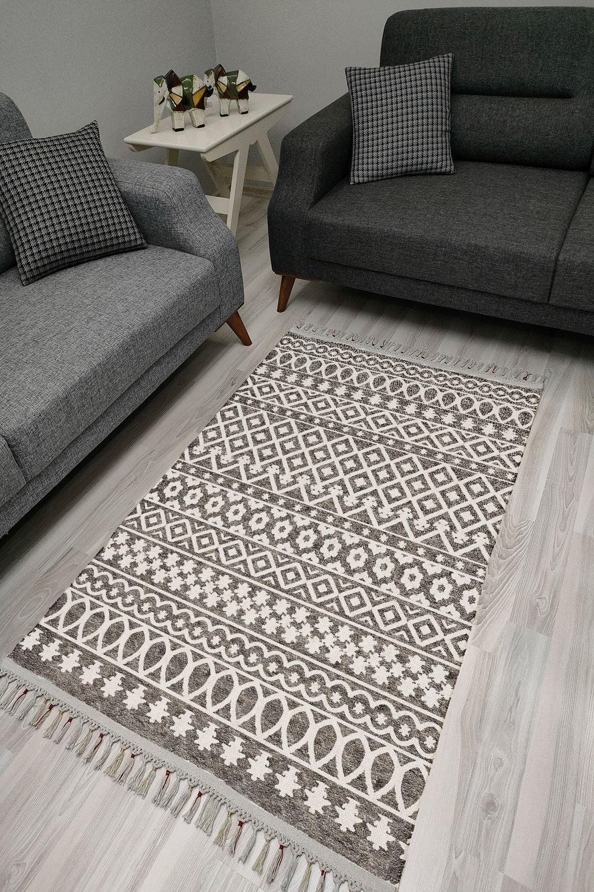 Cotton Serisi Beyaz Ve Gri Tonlarında Eskitme Otantik Etnik Desenli Dekoratif Dokuma Taban Kilim - HALI VAGONU