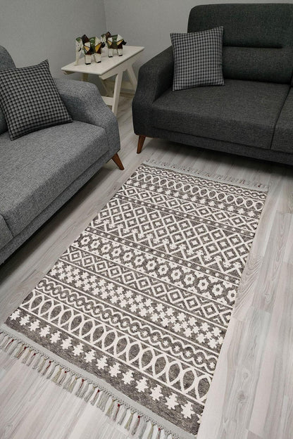 Cotton Serisi Beyaz Ve Gri Tonlarında Eskitme Otantik Etnik Desenli Dekoratif Dokuma Taban Kilim - HALI VAGONU