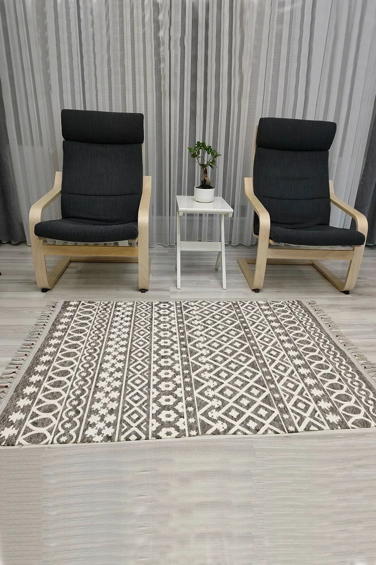 Cotton Serisi Beyaz Ve Gri Tonlarında Eskitme Otantik Etnik Desenli Dekoratif Dokuma Taban Kilim - HALI VAGONU