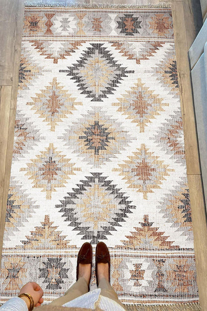 Cotton Serisi Ekitme Kahve Tonlarında Otantik Naturel Desen Dekoratif Dokuma Taban Kilim - HALI VAGONU
