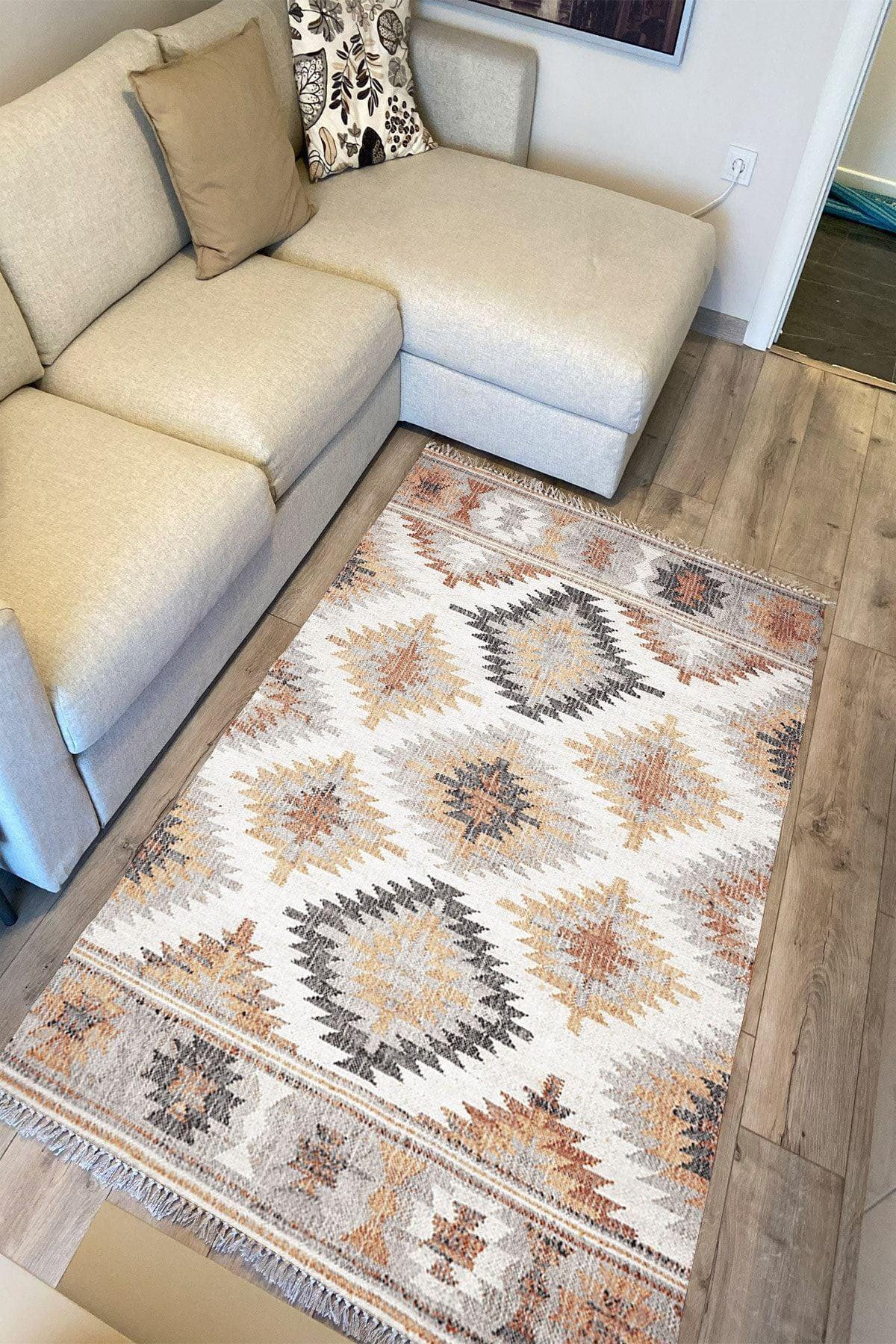 Cotton Serisi Ekitme Kahve Tonlarında Otantik Naturel Desen Dekoratif Dokuma Taban Kilim - HALI VAGONU