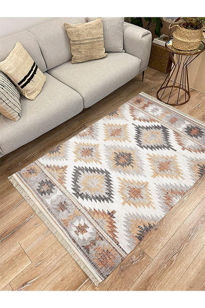 Cotton Serisi Ekitme Kahve Tonlarında Otantik Naturel Desen Dekoratif Dokuma Taban Kilim - HALI VAGONU