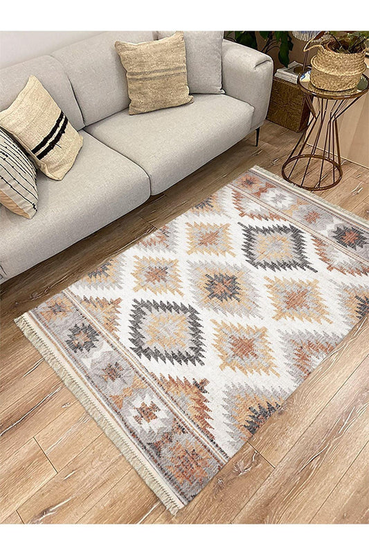 Cotton Serisi Ekitme Kahve Tonlarında Otantik Naturel Desen Dekoratif Dokuma Taban Kilim - HALI VAGONU