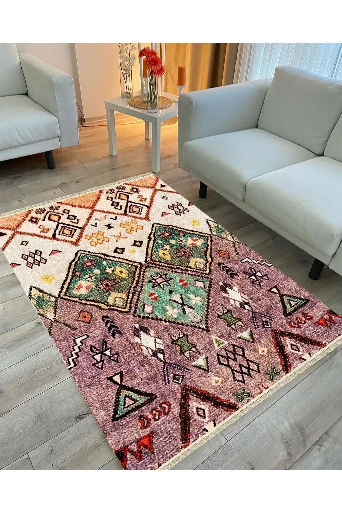Cotton Serisi Eski Çağ Motifli Baklava Eskitme Otantik Desen Dekoratif Dokuma Taban Kilim - HALI VAGONU