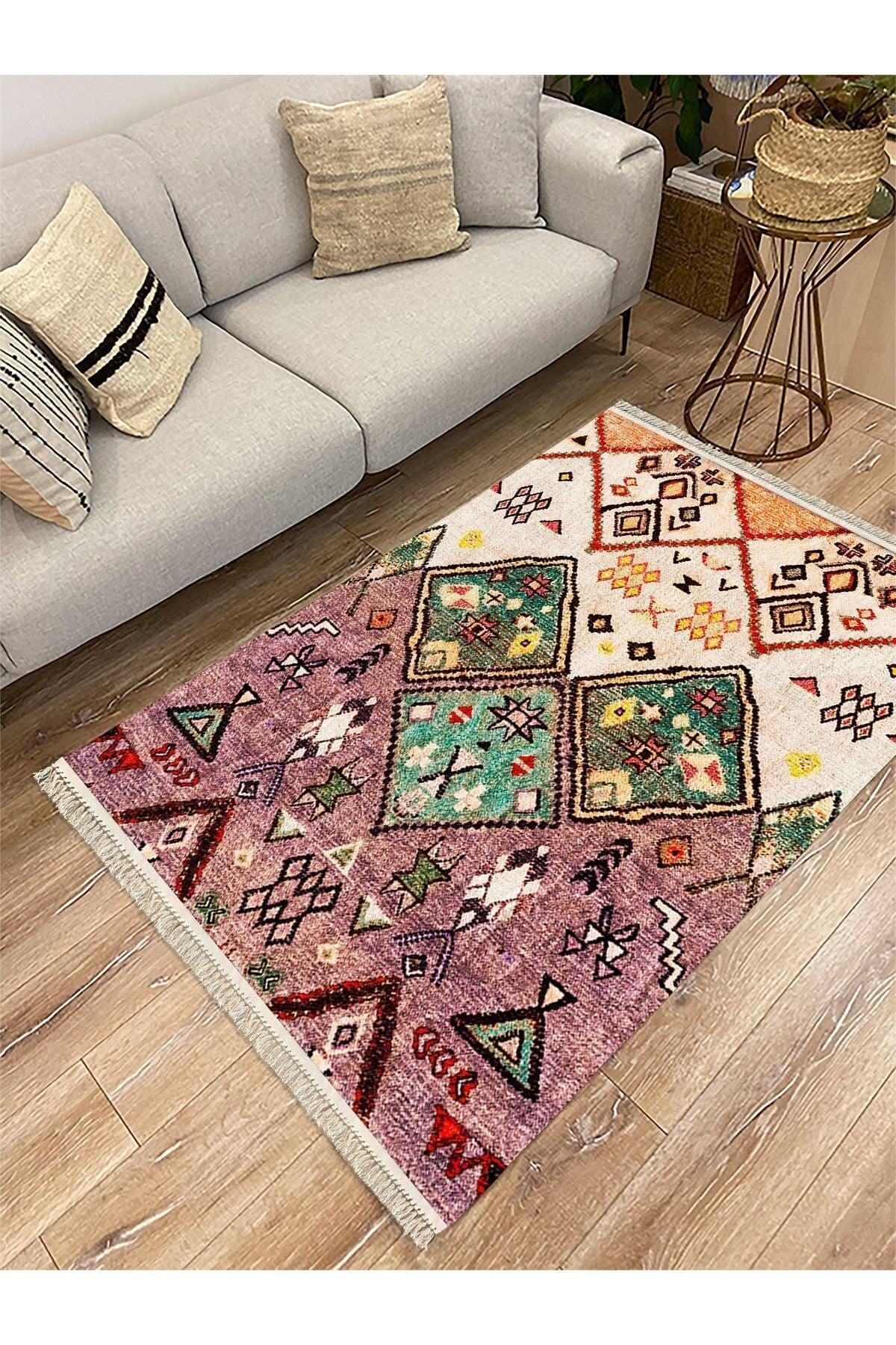 Cotton Serisi Eski Çağ Motifli Baklava Eskitme Otantik Desen Dekoratif Dokuma Taban Kilim - HALI VAGONU