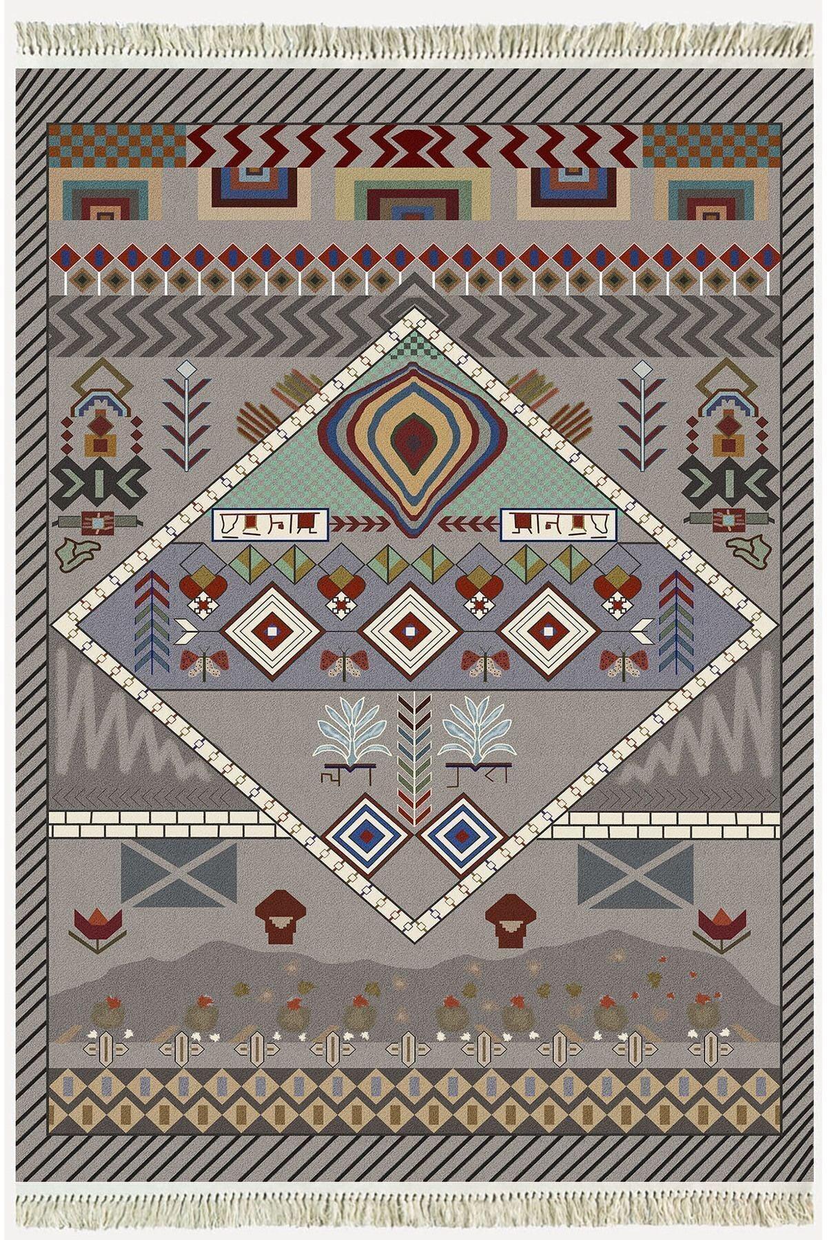 Cotton Serisi Eski Çağ Motifli Eskitme Otantik Desen Dekoratif Dokuma Taban Kilim - HALI VAGONU