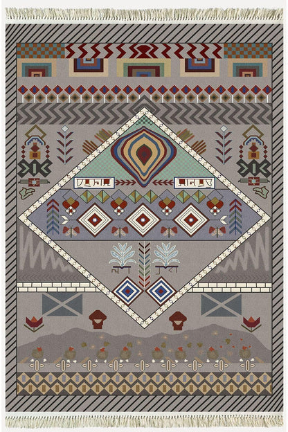 Cotton Serisi Eski Çağ Motifli Eskitme Otantik Desen Dekoratif Dokuma Taban Kilim - HALI VAGONU