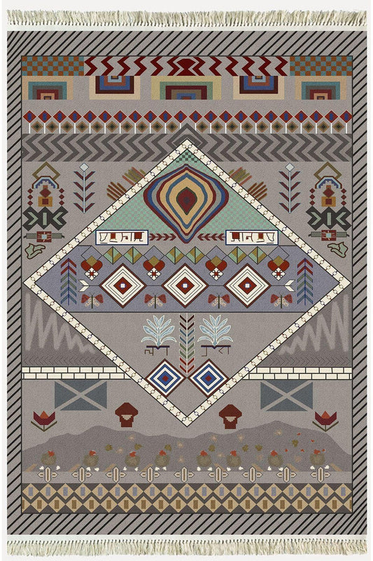 Cotton Serisi Eski Çağ Motifli Eskitme Otantik Desen Dekoratif Dokuma Taban Kilim - HALI VAGONU