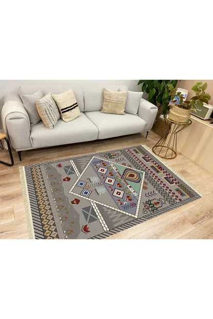 Cotton Serisi Eski Çağ Motifli Eskitme Otantik Desen Dekoratif Dokuma Taban Kilim - HALI VAGONU