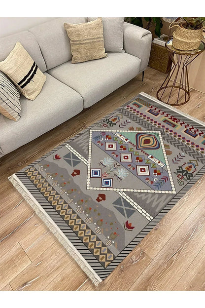 Cotton Serisi Eski Çağ Motifli Eskitme Otantik Desen Dekoratif Dokuma Taban Kilim - HALI VAGONU