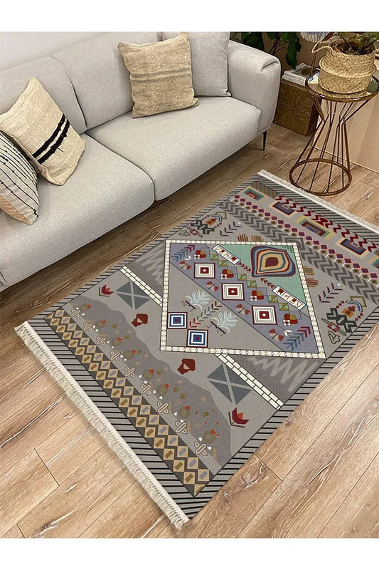 Cotton Serisi Eski Çağ Motifli Eskitme Otantik Desen Dekoratif Dokuma Taban Kilim - HALI VAGONU