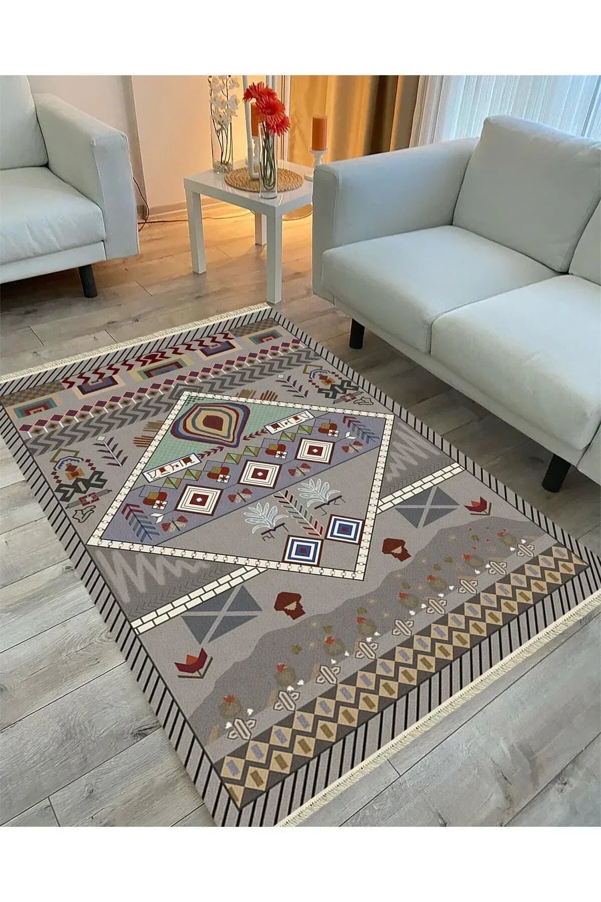 Cotton Serisi Eski Çağ Motifli Eskitme Otantik Desen Dekoratif Dokuma Taban Kilim - HALI VAGONU