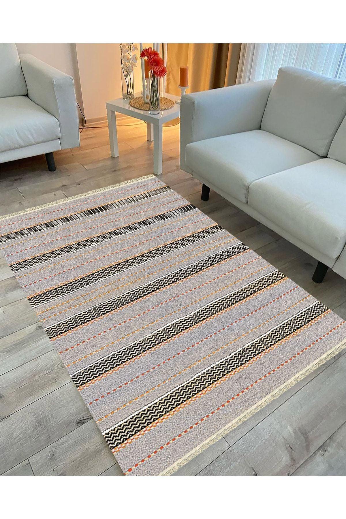 Cotton Serisi Gri Tonlarında Düz Çıtır Çizgili Multy Ponponlu Dekoratif Dokuma Taban Kilim - HALI VAGONU