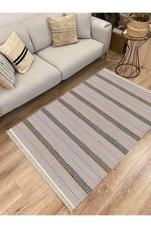 Cotton Serisi Gri Tonlarında Düz Çıtır Çizgili Multy Ponponlu Dekoratif Dokuma Taban Kilim - HALI VAGONU