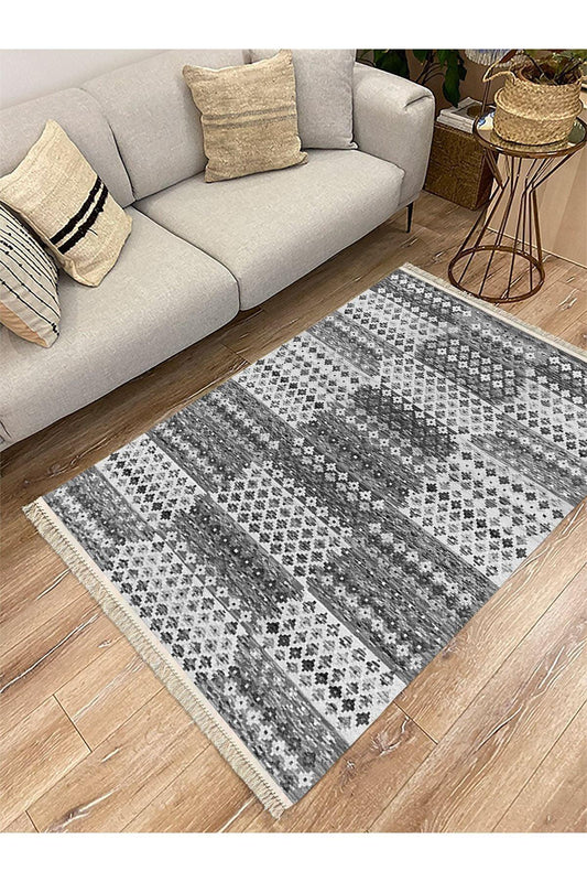 Cotton Serisi Gri Tonlarında Geometrik Eskitme Desen Dekoratif Dokuma Taban Kilim - HALI VAGONU