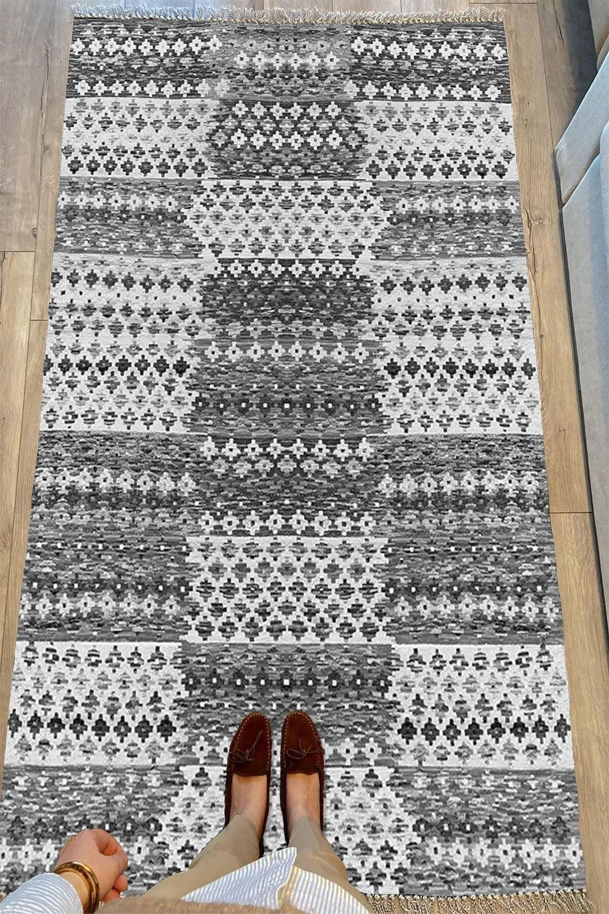 Cotton Serisi Gri Tonlarında Geometrik Eskitme Desen Dekoratif Dokuma Taban Kilim - HALI VAGONU