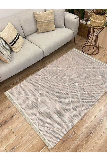 Cotton Serisi Gri Tonlarında Hasır Çizgileri Eskitme Desen Dekoratif Dokuma Taban Kilim - HALI VAGONU