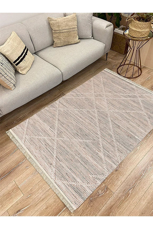 Cotton Serisi Gri Tonlarında Hasır Çizgileri Eskitme Desen Dekoratif Dokuma Taban Kilim - HALI VAGONU