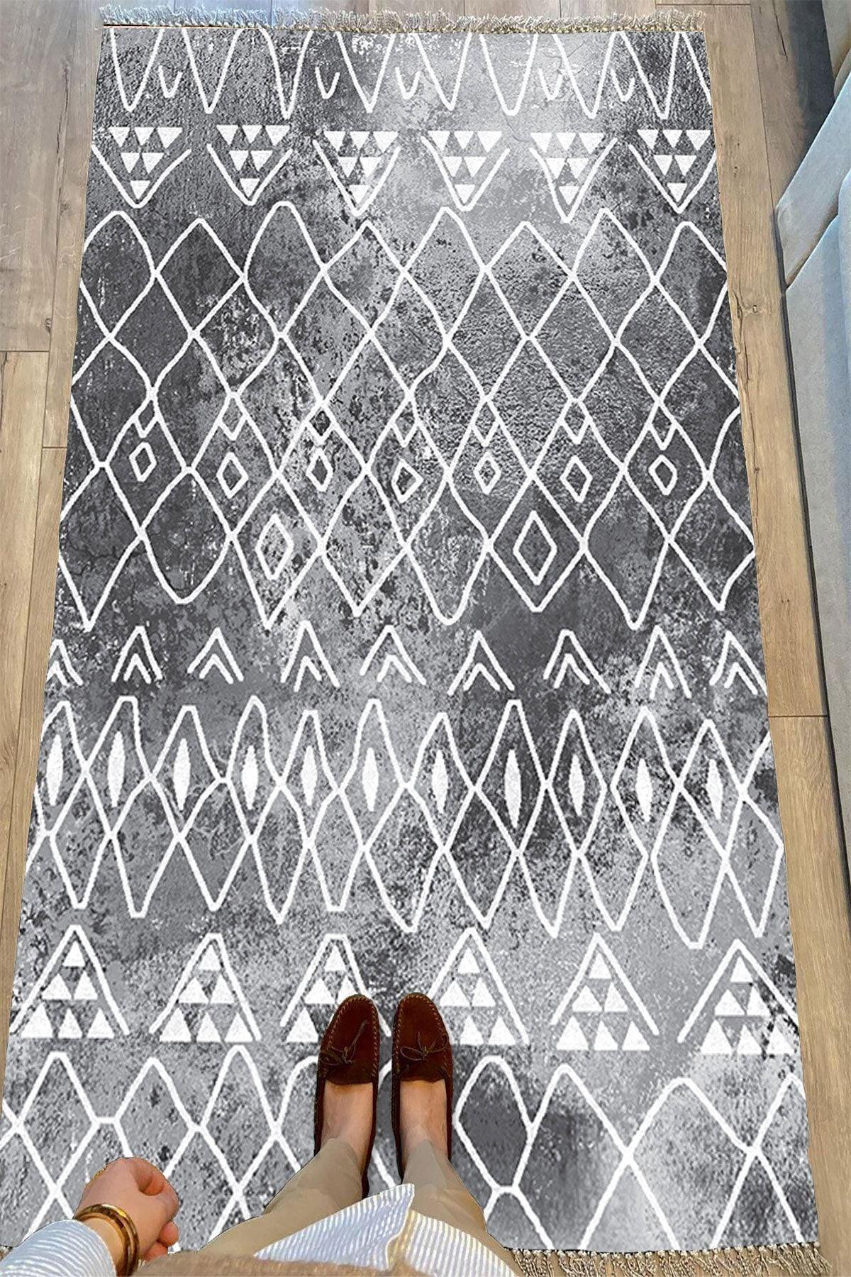 Cotton Serisi Gri Tonlarında Iskandinav Desen Dekoratif Dokuma Taban Kilim - HALI VAGONU