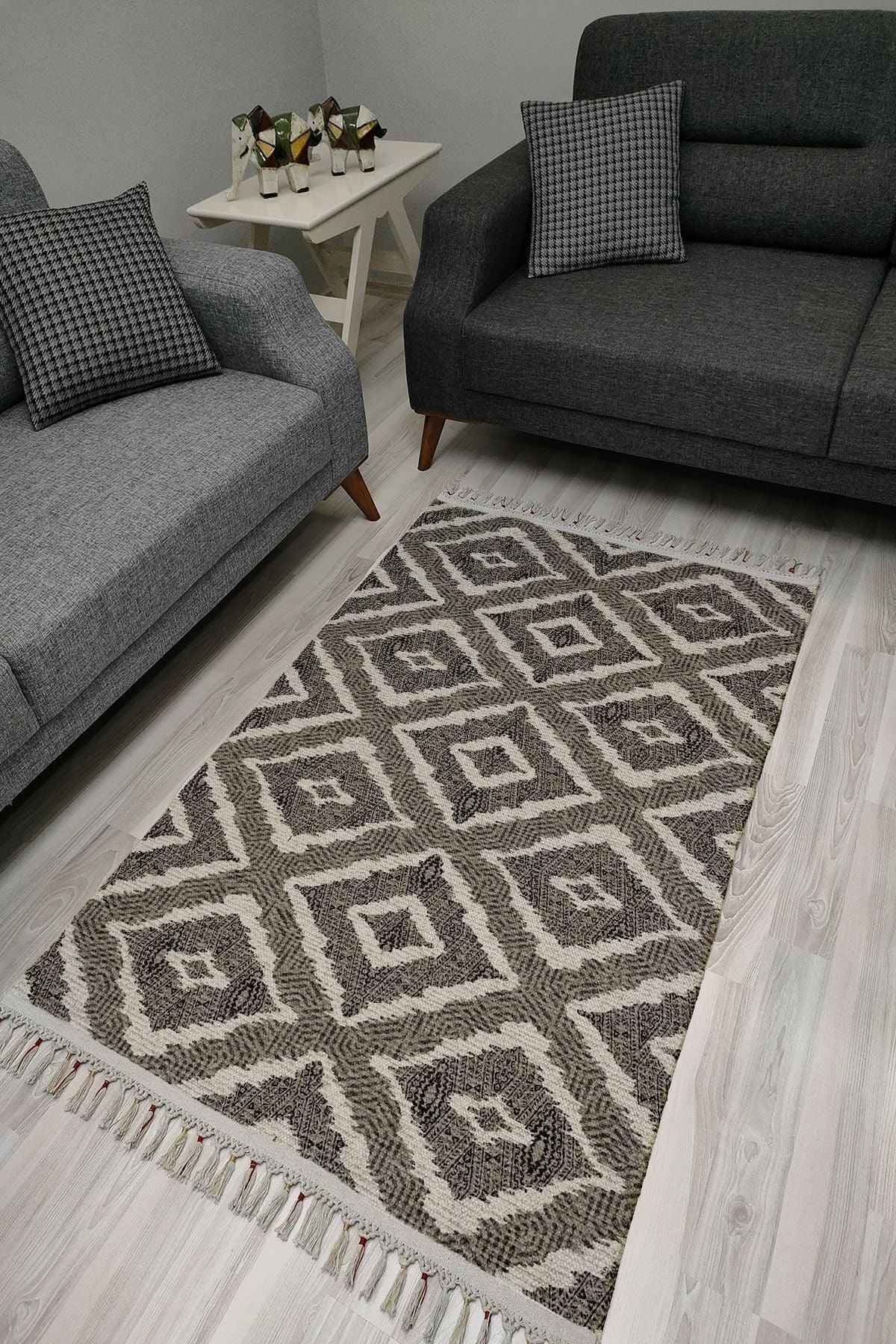Cotton Serisi Gri Tonlarında Otantik Üçgen Desenli Dekoratif Dokuma Taban Kilim - HALI VAGONU