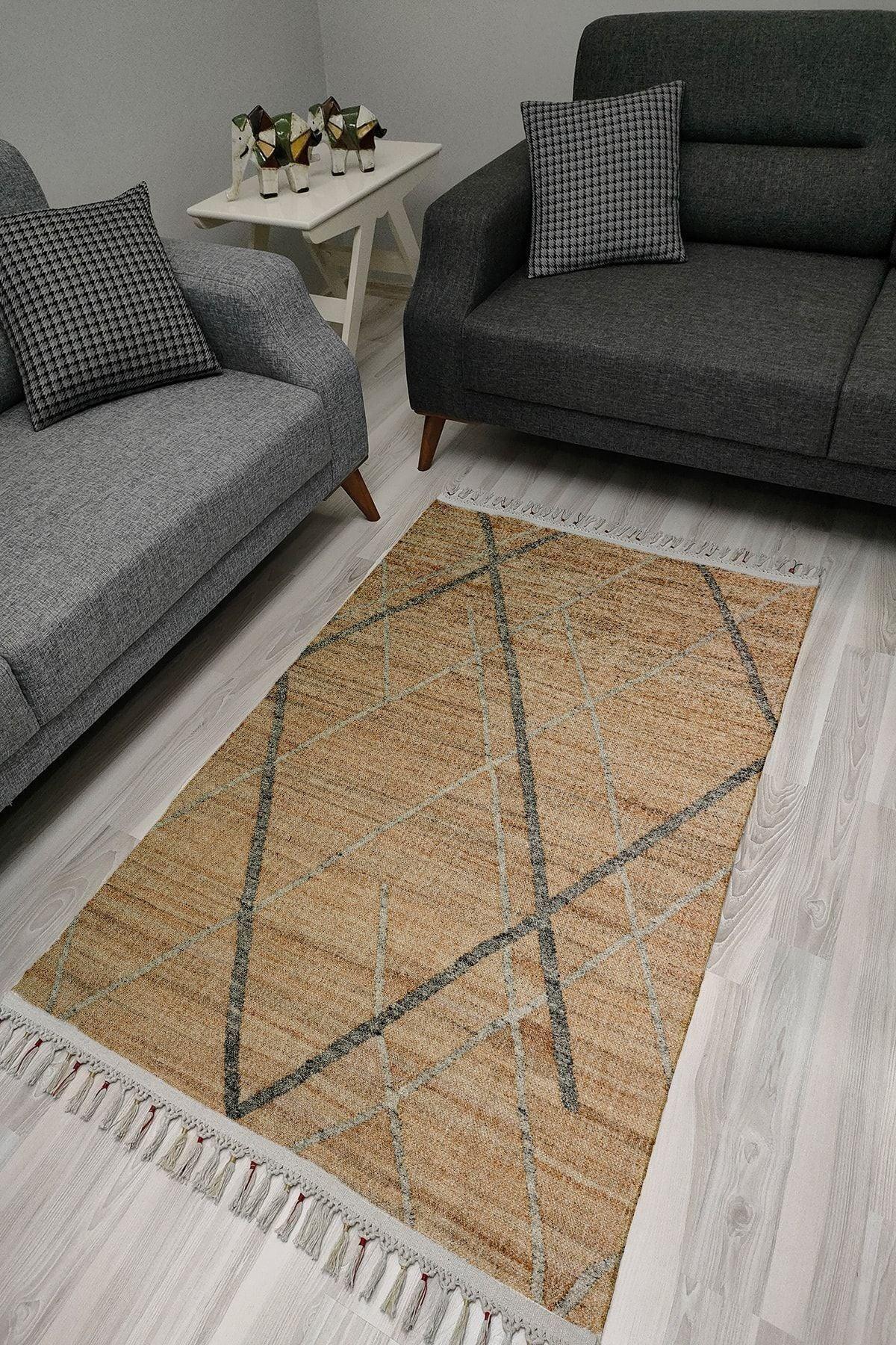 Cotton Serisi Gri Ve Kahve Tonlarında Eskitme Otantik Desen Dekoratif Dokuma Taban Kilim - HALI VAGONU