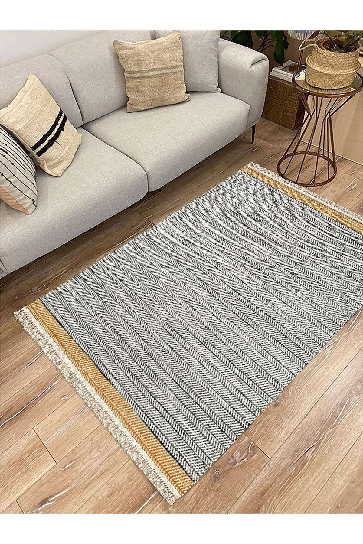 Cotton Serisi Hardal Gri Tonlarında Örgü Görümlü Otantik Dekoratif Dokuma Taban Kilim - HALI VAGONU