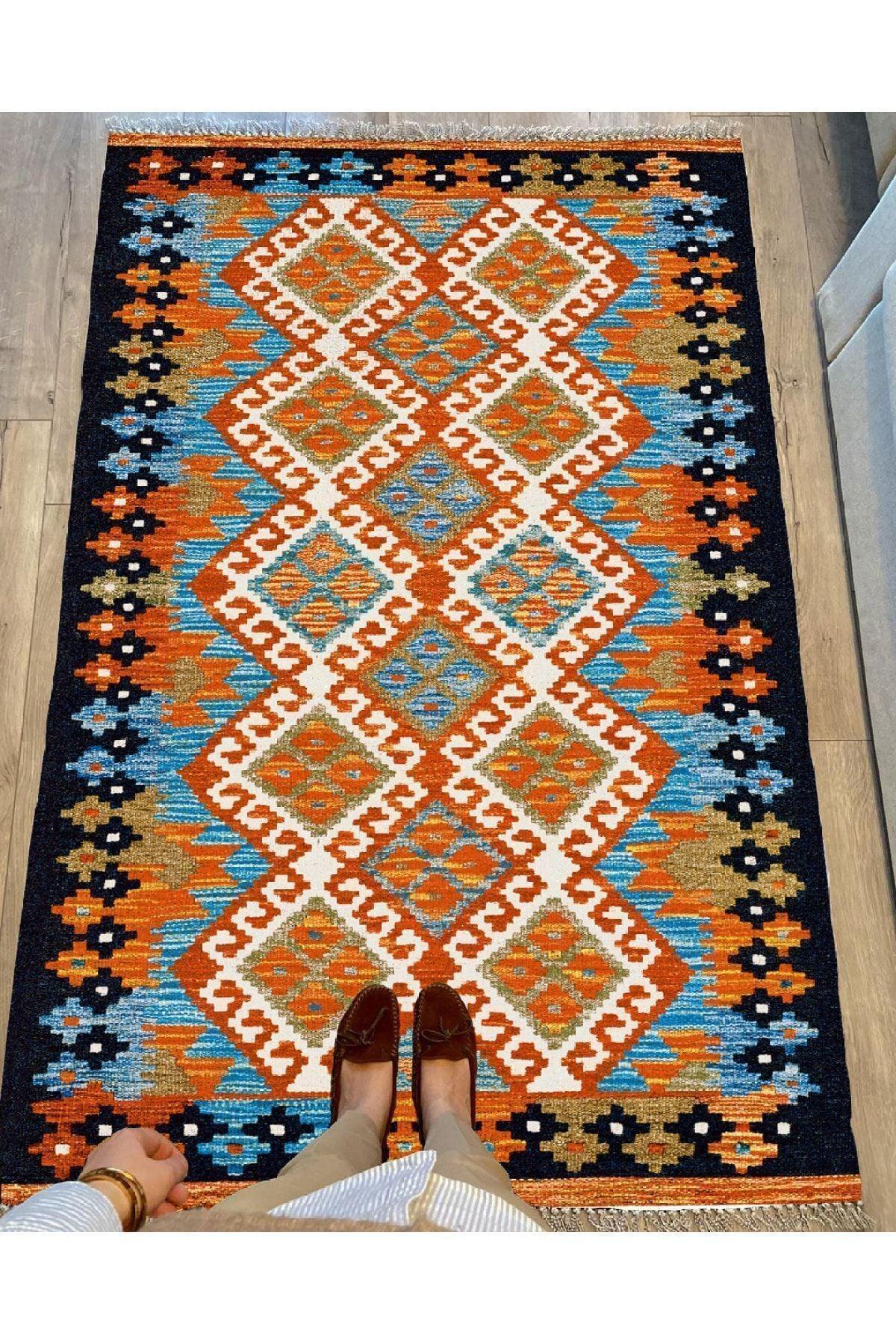 Cotton Serisi Hardal Tonlarında Bordür Desenli Dekoratif Dokuma Taban Kilim - HALI VAGONU
