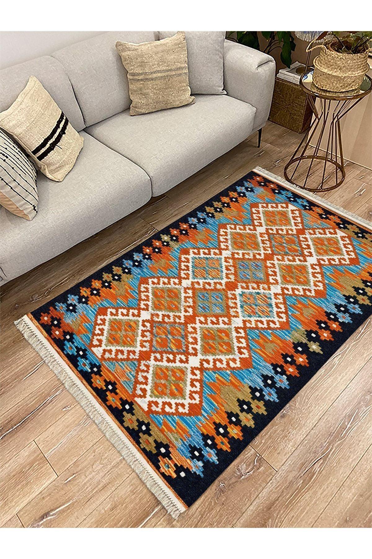 Cotton Serisi Hardal Tonlarında Bordür Desenli Dekoratif Dokuma Taban Kilim - HALI VAGONU