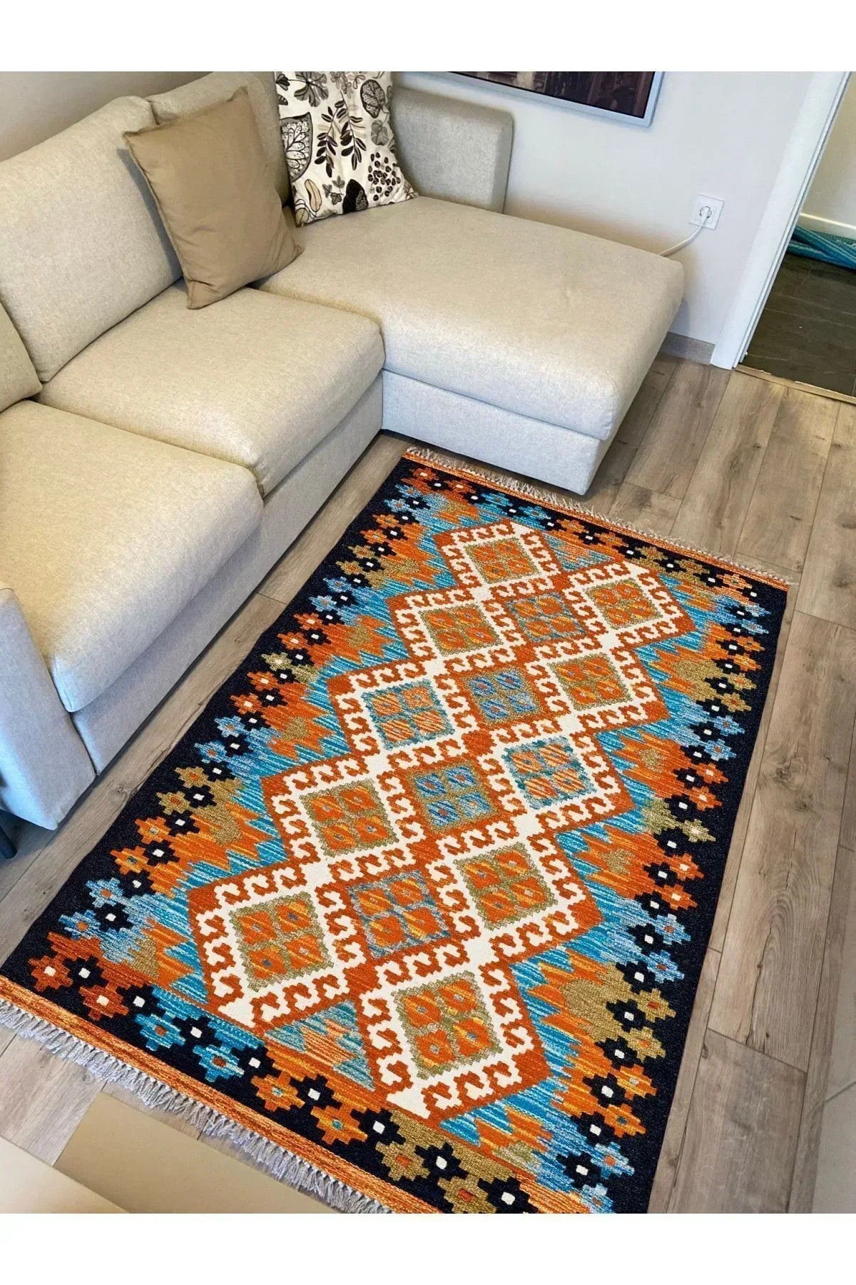 Cotton Serisi Hardal Tonlarında Bordür Desenli Dekoratif Dokuma Taban Kilim - HALI VAGONU