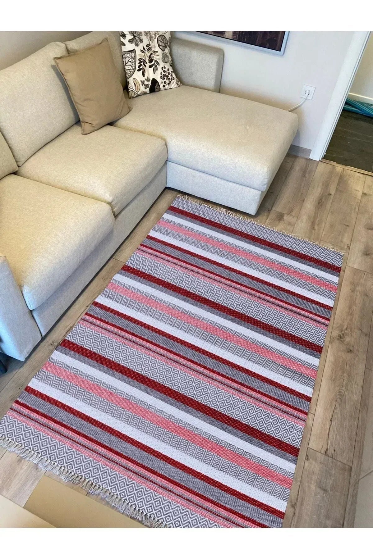 Cotton Serisi Hardal Tonlarında Geometrik Eskitme Desen Dekoratif Dokuma Taban Kilim - HALI VAGONU