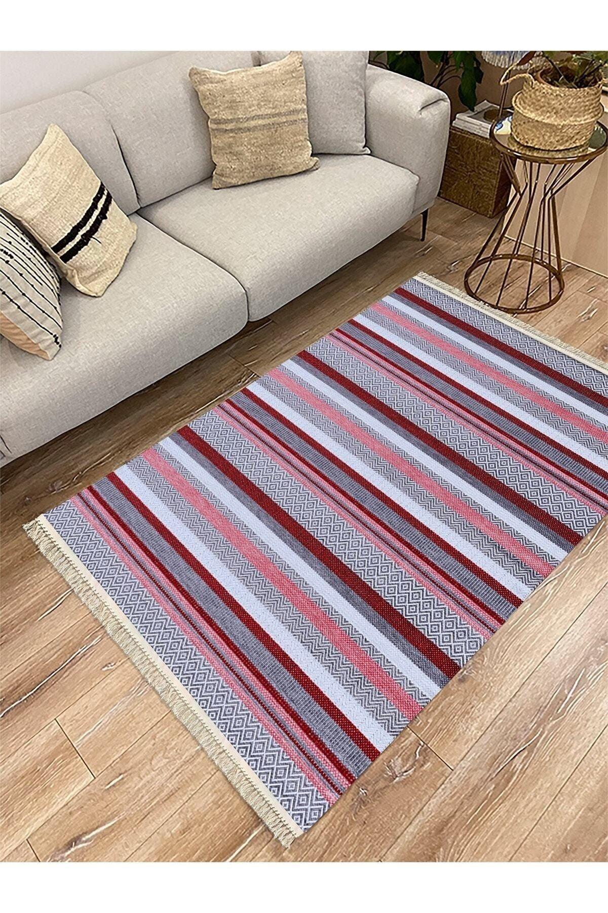 Cotton Serisi Hardal Tonlarında Geometrik Eskitme Desen Dekoratif Dokuma Taban Kilim - HALI VAGONU