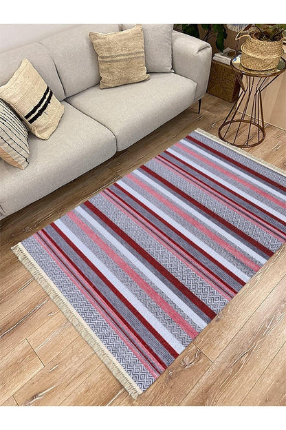Cotton Serisi Hardal Tonlarında Geometrik Eskitme Desen Dekoratif Dokuma Taban Kilim - HALI VAGONU