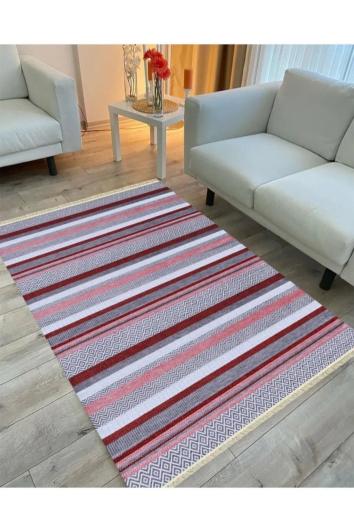 Cotton Serisi Hardal Tonlarında Geometrik Eskitme Desen Dekoratif Dokuma Taban Kilim - HALI VAGONU
