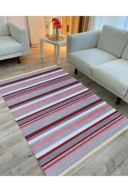 Cotton Serisi Hardal Tonlarında Geometrik Eskitme Desen Dekoratif Dokuma Taban Kilim - HALI VAGONU