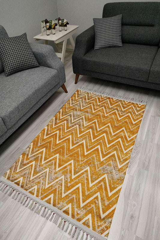 Cotton Serisi Hardal Tonlarında Zikzak Eskitme Desenli Dekoratif Dokuma Taban Kilim - HALI VAGONU