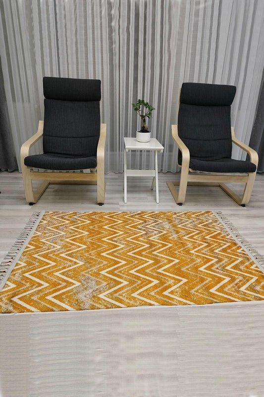 Cotton Serisi Hardal Tonlarında Zikzak Eskitme Desenli Dekoratif Dokuma Taban Kilim - HALI VAGONU