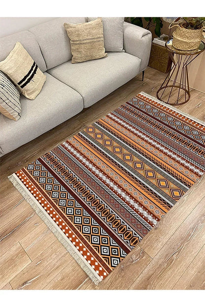 Cotton Serisi Hardal Ve Natural Tonlarında Geometrik Eskitme Desen Dekoratif Dokuma Taban Kilim - HALI VAGONU