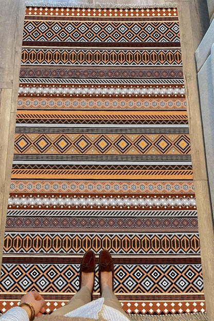 Cotton Serisi Hardal Ve Natural Tonlarında Geometrik Eskitme Desen Dekoratif Dokuma Taban Kilim - HALI VAGONU