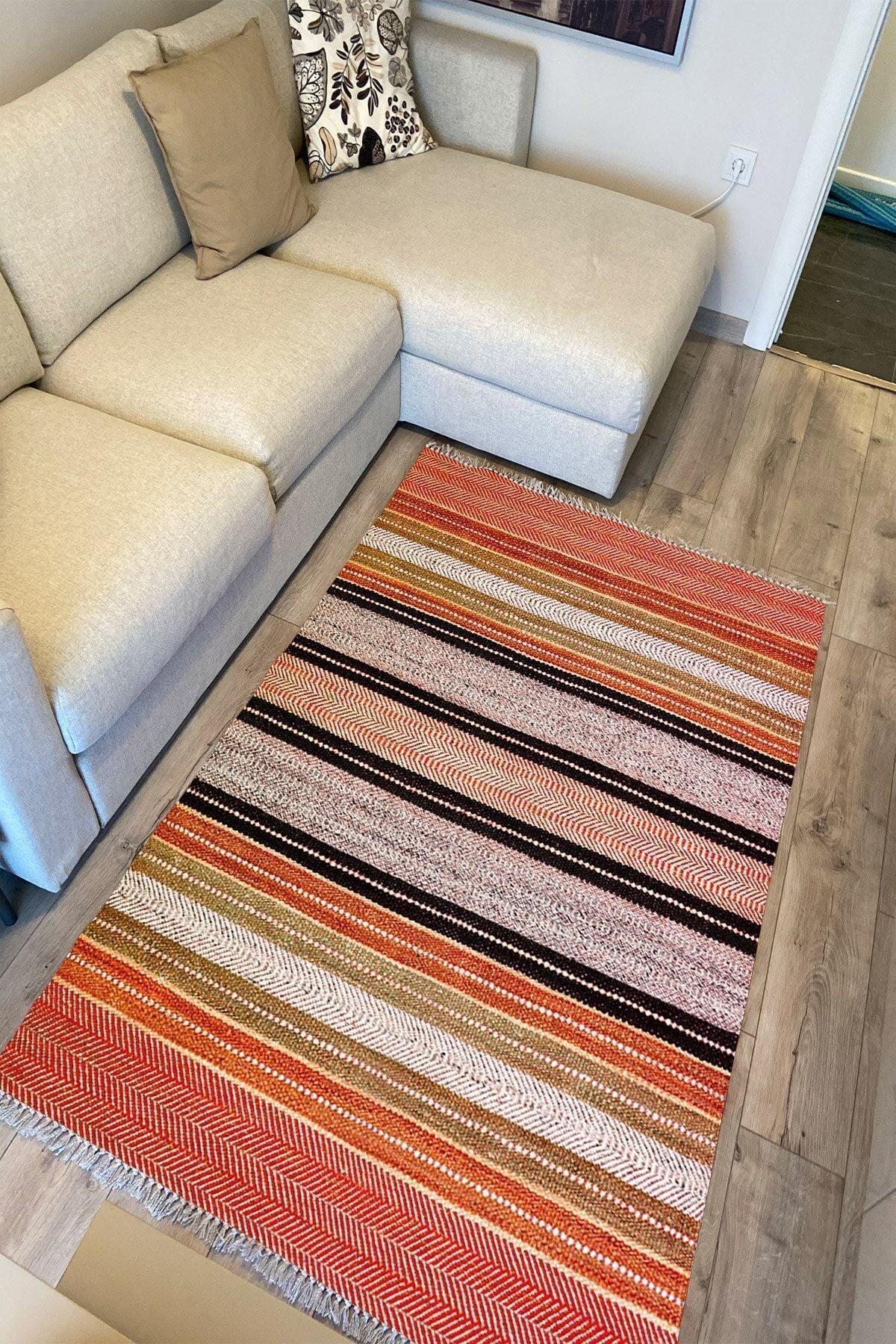 Cotton Serisi Hasır Görümlü Çıtır Düz Çizgili Eskitme Desen Dekoratif Dokuma Taban Kilim - HALI VAGONU
