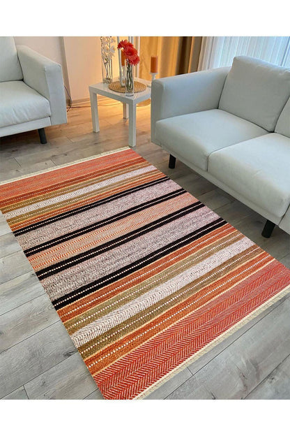 Cotton Serisi Hasır Görümlü Çıtır Düz Çizgili Eskitme Desen Dekoratif Dokuma Taban Kilim - HALI VAGONU